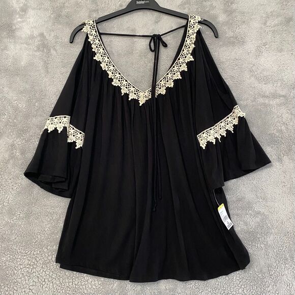 Simply Emma Blouse Top 3X Black V Neckline Cold Shoulder Tunic Boho‎ Flowy - Picture 1 of 8